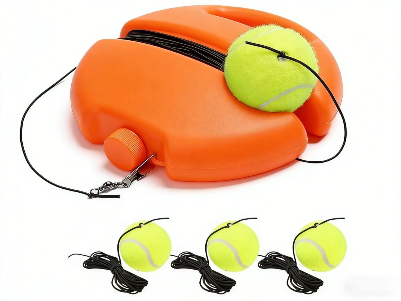 Portable Tennis Trainer: Features a water-fillable weighted base with anti-tangle design. Includes 3 tennis balls and an elastic cord. Suitable for solo indoor/outdoor use, ideal for all ages.orange 1 Portable Tennis Trainer: Features a water-fillable weighted base with anti-tangle design. Includes 3 tennis balls and an elastic cord. Suitable for solo indoor/outdoor use, ideal for all ages.orange