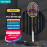 ESPER V-1 Thunder Wedge 5U Ultra-Light Badminton Racket, 30T Graphene Carbon Fiber, 6.8mm Slim Shaft, Balanced Offense and Defense, Lightweight Recreational Racket.(golden)