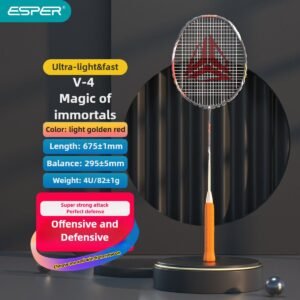 ESPER V4 Badminton Racket 82g Lightweight 4U Full Carbon Fiber All-Around Professional Match Training Durable Stylish Racket(Fluorescent gold red)