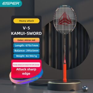 ESPER V5 Badminton Racket 84g Lightweight 4U Full Carbon Fiber Offensive Type Precise Placement Professional Match Training Durable Stylish Racket(RED)