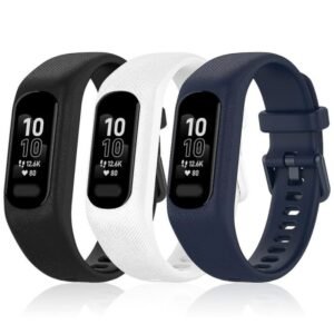 3pcs Soft Silicone Wristbands for Garmin Vivosmart 5 Wristband, Replacement Sports Wristbands in Different Colors for Vivosmart 5, Black-White-Blue