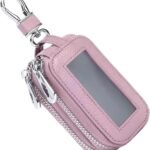 Car Key Fob Case, Double-layer Remote Key Storage Bag with Zipper Closure and Lanyard, for Men Women (Pink)