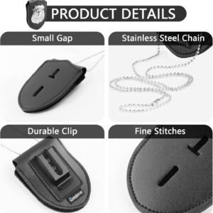 1 Pack Sheriff Badge Shield Holder with Faux Leather Wrapped Heavy Duty Steel Belt Clip with Stainless Steel Necklace, Universal, Black, Deputy Badge Holder, 8×3 inch (1 Pack)