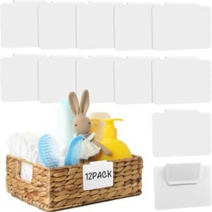 12pcs White Basket Labels Clip On for Storage Bins, Removable PVC Labels for Baskets with Holders, 3.5×2.7 Inches