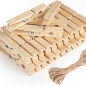 Wooden Clips with String, 50Pcs 2.9Inch Large Clothes Pins, Natural Brown Photo Hanging Clip, Wooden Decoration Clips for DIY Crafts, Storage Bags, Cheer Pins, Hanging Clothes