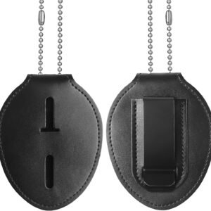 Police Badge Holder, Cowhide Law Enforcement Badge Holder with Metal Belt Clip & Stainless Steel Bead Chain, Universal Oval Leather, Hook and Loop Sheriff ID Carrier, Black