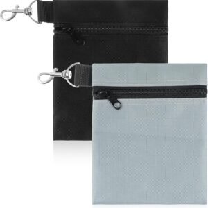 2 Pack Golf Ball Bag, Golf Tee Bag Pouch 6.7″ x 5.5″ Zippered Pouch with Metal Lobster Clip, Waterproof Golfs Accessories Organizer for Tees Balls, Valuables Holder, Men Women​ (Black, Gray)