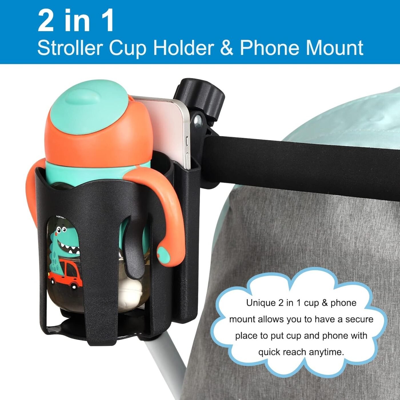 Stroller Cup Holder with Phone Holder, Bike Cup Holder, 2-in-1 Universal Cup Holder for Stroller, Bike, Pushchair, Rollator, Wheelchair, Walker, Scooter 2 Stroller Cup Holder with Phone Holder, Bike Cup Holder, 2-in-1 Universal Cup Holder for Stroller, Bike, Pushchair, Rollator, Wheelchair, Walker, Scooter - image 2