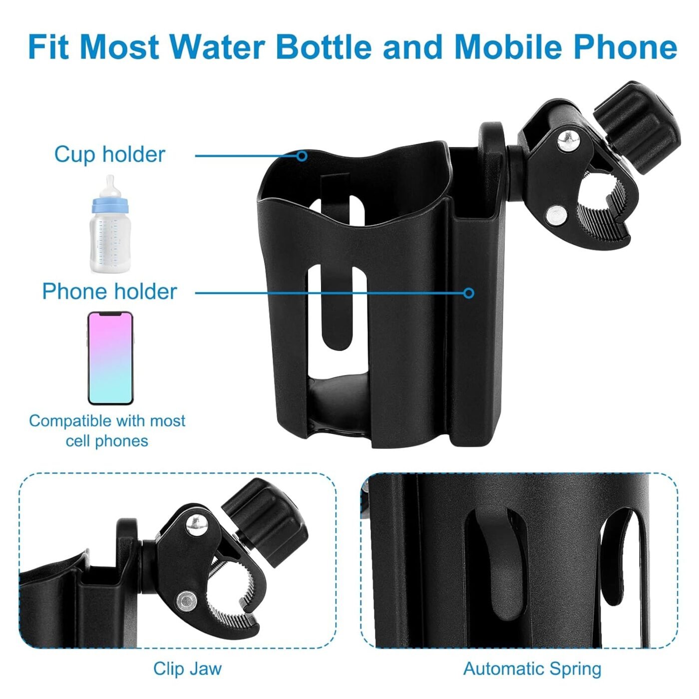 Stroller Cup Holder with Phone Holder, Bike Cup Holder, 2-in-1 Universal Cup Holder for Stroller, Bike, Pushchair, Rollator, Wheelchair, Walker, Scooter 3 Stroller Cup Holder with Phone Holder, Bike Cup Holder, 2-in-1 Universal Cup Holder for Stroller, Bike, Pushchair, Rollator, Wheelchair, Walker, Scooter - image 3