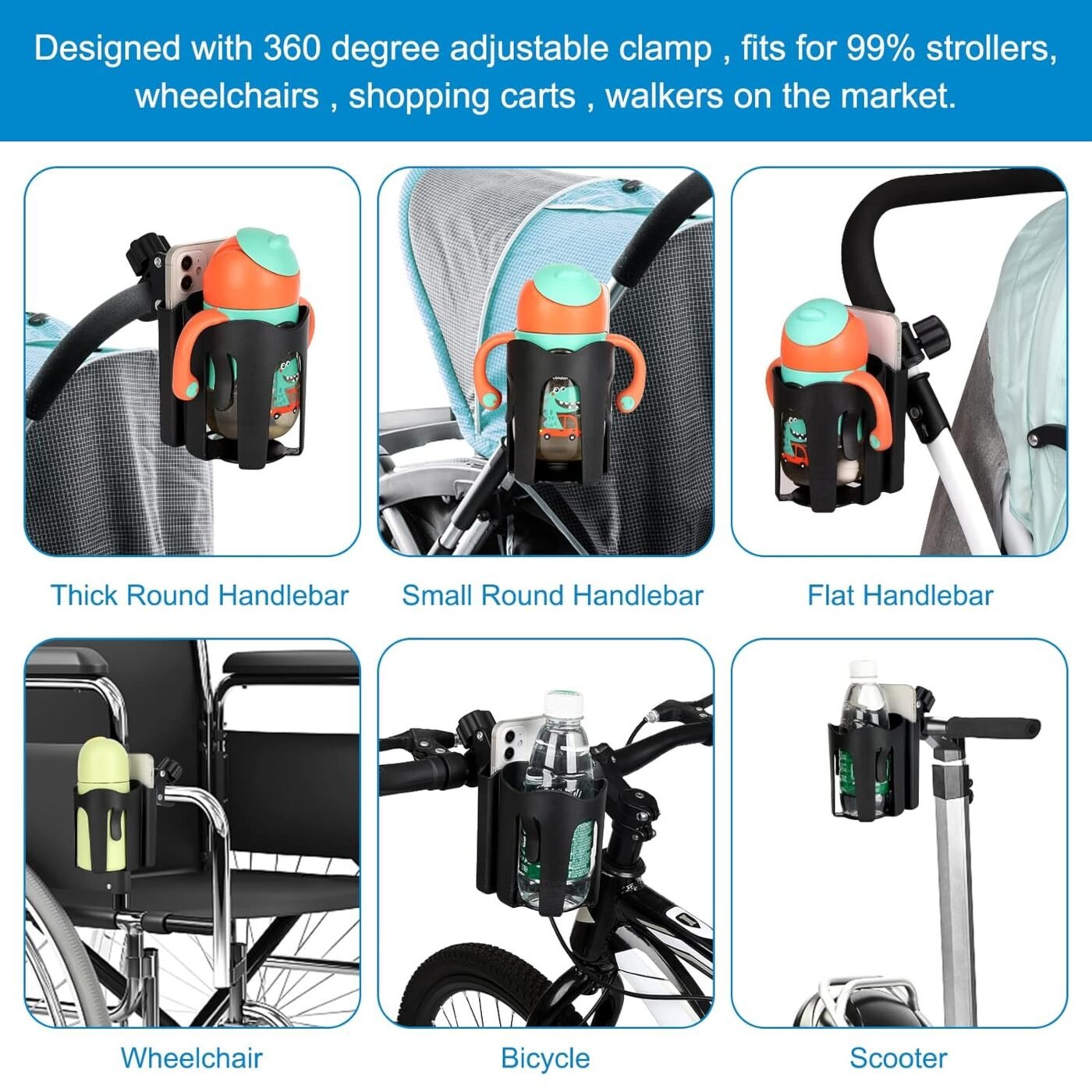 Stroller Cup Holder with Phone Holder, Bike Cup Holder, 2-in-1 Universal Cup Holder for Stroller, Bike, Pushchair, Rollator, Wheelchair, Walker, Scooter 4 Stroller Cup Holder with Phone Holder, Bike Cup Holder, 2-in-1 Universal Cup Holder for Stroller, Bike, Pushchair, Rollator, Wheelchair, Walker, Scooter - image 4