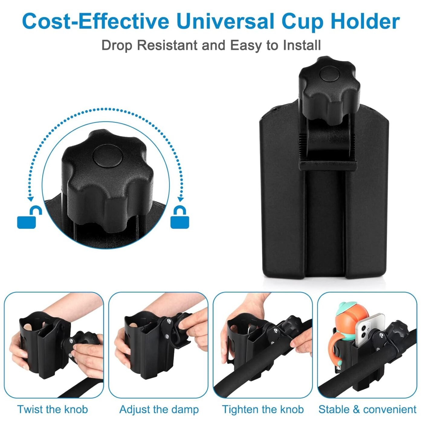 Stroller Cup Holder with Phone Holder, Bike Cup Holder, 2-in-1 Universal Cup Holder for Stroller, Bike, Pushchair, Rollator, Wheelchair, Walker, Scooter 5 Stroller Cup Holder with Phone Holder, Bike Cup Holder, 2-in-1 Universal Cup Holder for Stroller, Bike, Pushchair, Rollator, Wheelchair, Walker, Scooter - image 5