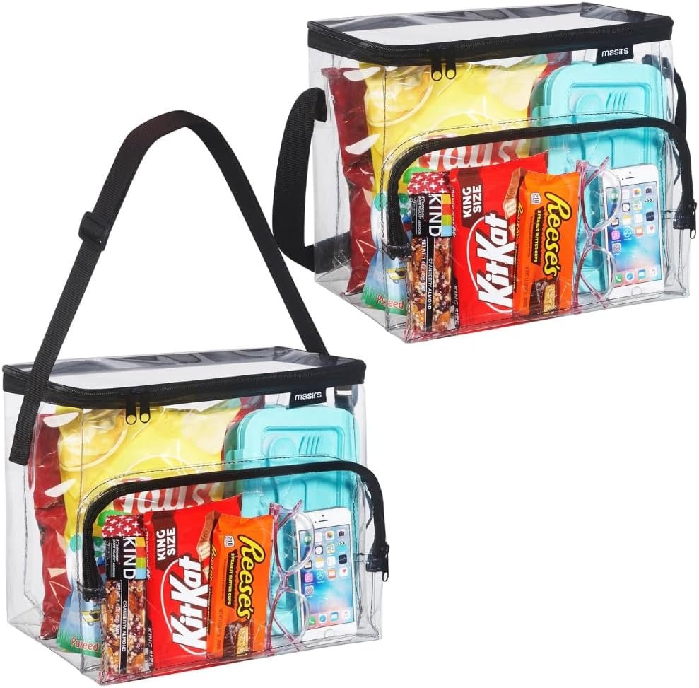 Clear Lunch Bag Set – Medium and Large Durable See-Through PVC Bags with Adjustable Shoulder Straps – Freezer Proof and Stadium Approved for Work, School, and Correctional Facilities 1 Clear Lunch Bag Set – Medium and Large Durable See-Through PVC Bags with Adjustable Shoulder Straps – Freezer Proof and Stadium Approved for Work, School, and Correctional Facilities