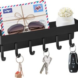 Magnetic Key Holder Wall Mount, Compact Metal Key Rack with Tray, 6 Hooks, 2 Mount Options, Black