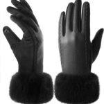 Leather Gloves for Women, Warm Winter Gloves Women with Plush Cuff, Touchscreen Womens Gloves for Cold Weather
