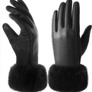 Leather Gloves for Women, Warm Winter Gloves Women with Plush Cuff, Touchscreen Womens Gloves for Cold Weather