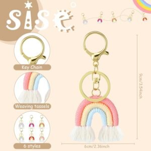Landhoow 6 Pcs Boho Rainbow Keychains Bulk Women Macrame Rainbow Key Chains Mini Tassel Keychains Car Keyrings Holder(Pastel Color)