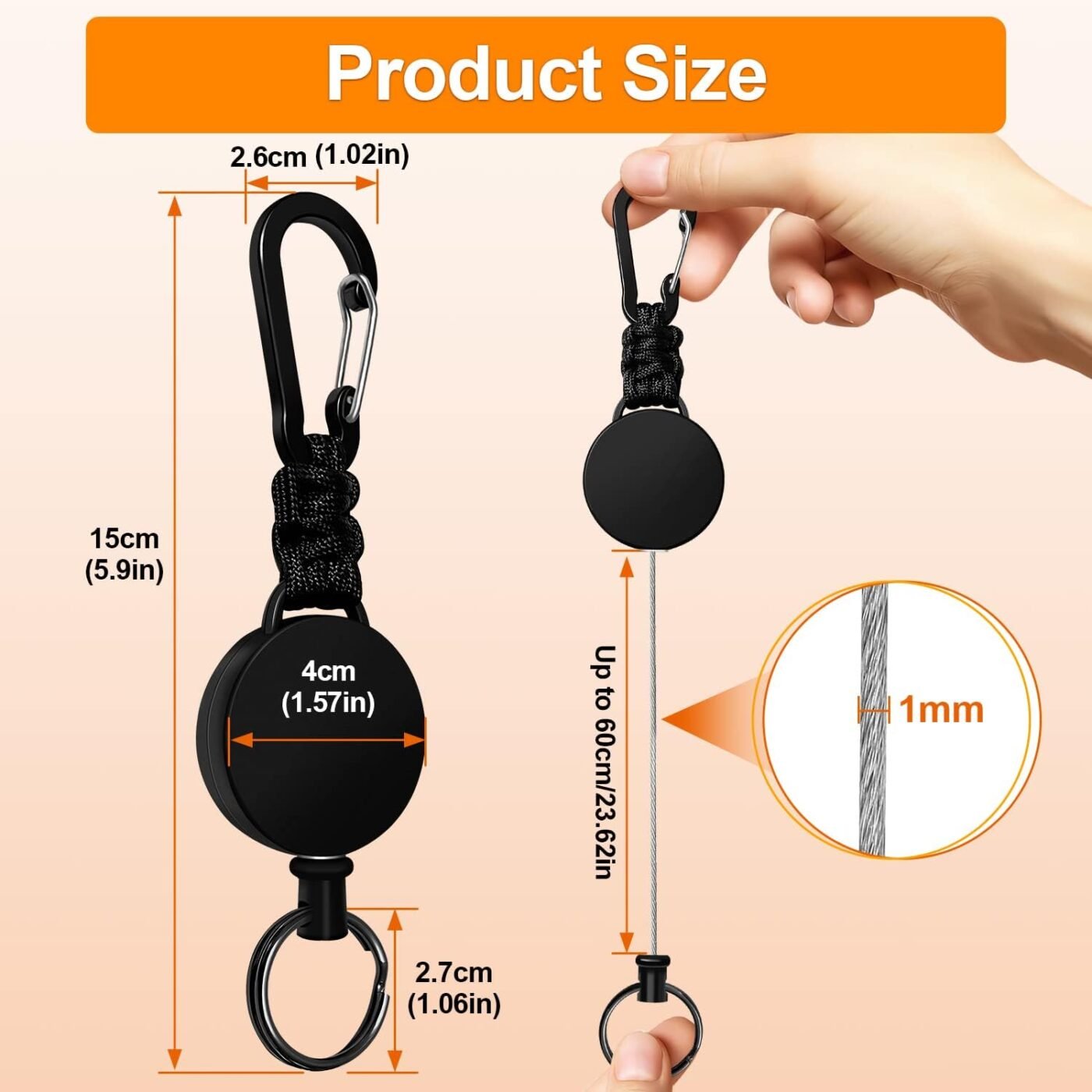 Retractable Keychain 3 Pack Heavy Duty Carabiner Badge Holder Extendable Reel ID Badge Holders Retractable for Keys Ring with 60 cm Steel Cord and Lanyard (Black) 3 Retractable Keychain 3 Pack Heavy Duty Carabiner Badge Holder Extendable Reel ID Badge Holders Retractable for Keys Ring with 60 cm Steel Cord and Lanyard (Black) - image 3