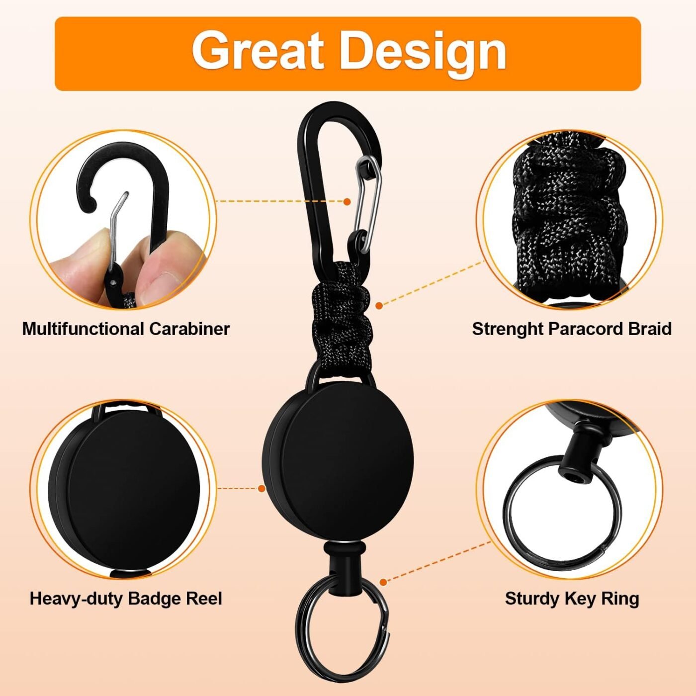 Retractable Keychain 3 Pack Heavy Duty Carabiner Badge Holder Extendable Reel ID Badge Holders Retractable for Keys Ring with 60 cm Steel Cord and Lanyard (Black) 4 Retractable Keychain 3 Pack Heavy Duty Carabiner Badge Holder Extendable Reel ID Badge Holders Retractable for Keys Ring with 60 cm Steel Cord and Lanyard (Black) - image 4