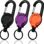Retractable Keychain 3 Pack, Heavy Duty ID Badge Holder Reel, Multitool Carabine Key Holder for Keychain, Badge Holder with 25.6″ Steel Retractable Cord Key Ring Clip, 8.8 oz (Black+Purple+Orange)