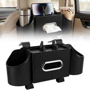 4-in-1 Car Backseat Organizer with Cup Holder, 2026 Upgraded Multifunctional Car Back Seat Organizer with Tissue Box, Trash Bin & Hooks for Hold Phones, Snacks, Drinks, and Handbags (Black)