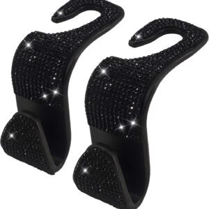 2 Pack Car Hooks, 2021 New Bling Rhinestones Crystal Hooks Car Decorations Auto Seat Back Organizers Strong and Durable Backseat Hanger Storage Universal for SUV Truck Vehicle (Black)