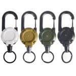 Retractable Gear Tether 4-Pack – Stainless Steel Cable Keychain Reel for Outdoor Fishing Hiking – Auto Retracting Badge Holder with Carabiner Clip – Black Khaki Green White