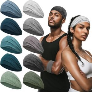 Mens Sports Headbands for Long Hair, Wide Sweat Band Yoga No-Slip, Workout Men and Women, Multicolors 10 PCS Multicolor