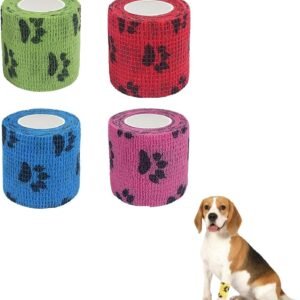 4 Rolls Pet Self Adhesive Bandage, Pet Vet Wrap Tape Waterproof Non-Woven Cohesive Gauze Rolls for Dog Cat Animals, Cohesive Bandages for Wrist Healing Ankle Sprain & Swelling Sport (2 x 5 Yards)