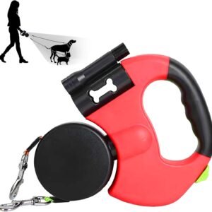 Double Head 10 ft Retractable Dog Leash with Integrated Waste Bag Dispenser Flashlight 360°Tangle Free Anti-Slip Handle Reflective Nylon Tape One Button Brake(Small Medium Dog Up to 15 kg,Red)