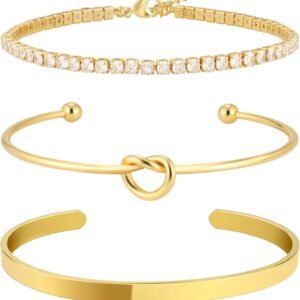 Gold Bangle Cuff Bracelets for Women 14k Gold Plated Cubic Zirconia Tennis Bracelet Non tarnish Love Knot Bracelets Stack Cuff Bangles Adjustable Jewelry Set for Women 3pcs