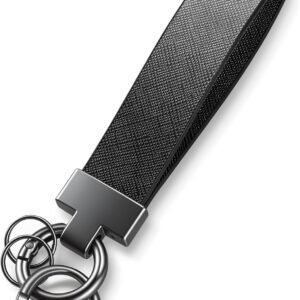 Leather Car Keychain, Universal Heavy Duty Metal Key Chain Holder with 2 Ring and Anti-Lost D-Ring, Accessories for Men Women (Black) Black –