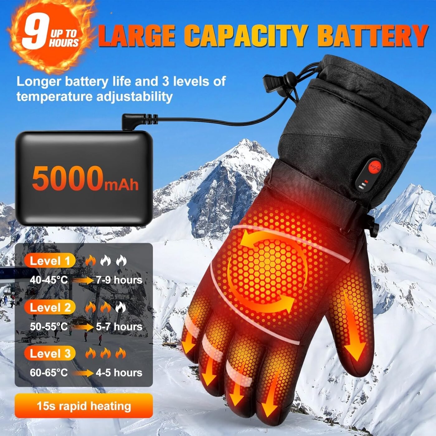 Gloves - Warm winter gloves - Rechargeable heated gloves - 3 heating settings, 360° heating - Touchscreen, waterproof/windproof - Winter ski/cycling/hiking gloves (unisex) 2 Gloves – Warm winter gloves – Rechargeable heated gloves – 3 heating settings, 360° heating – Touchscreen, waterproof/windproof – Winter ski/cycling/hiking gloves (unisex) - image 2