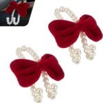 2 PCS Bow Car Headrest Hooks, Fluffy Bow & Elegant Pearl Decorative Hanger, Multifunction Hanging Purse Hook & Phone Stand, Portable Front Seat Organizer for Women Girls (Red)