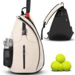 Multifunction Sling Tennis Bag, Waterproof Oxford Crossbody Sports Backpack, with Water Bottle Pocket & Hidden Ball Compartment—White