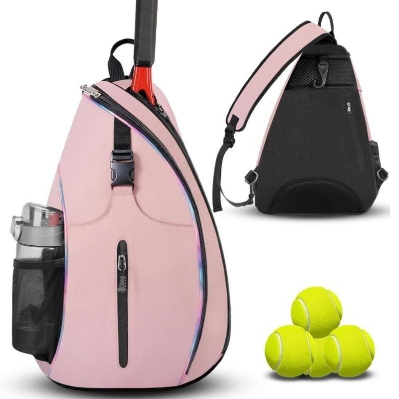Multifunction Sling Tennis Bag, Waterproof Oxford Crossbody Sports Backpack, with Water Bottle Pocket & Hidden Ball Compartment—Pink 1 Multifunction Sling Tennis Bag, Waterproof Oxford Crossbody Sports Backpack, with Water Bottle Pocket & Hidden Ball Compartment—Pink