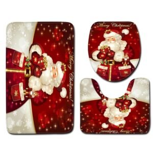 3Pcs Christmas Mat Sets Santa Claus Non Slip Mat Bathroom Doormat Toilet Seat Cover U Shaped Toilet Floor Mat