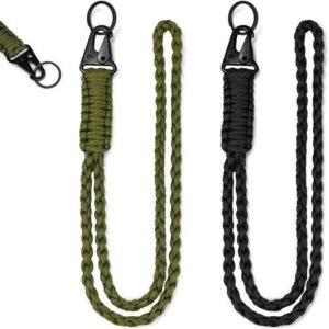 2Pcs Woven Paracord Lanyard Keychain, Heavy Duty Cell Phone Neck Lanyard, Black & Army Green