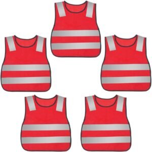 Kids Safety Vest Reflective High Visibility Vest Breathable Traffic Vest Costume Construction Vest Elastic Strap Safety Vest Neon Yellow Purpose for Running Cycling Jogging 5PCS – Red