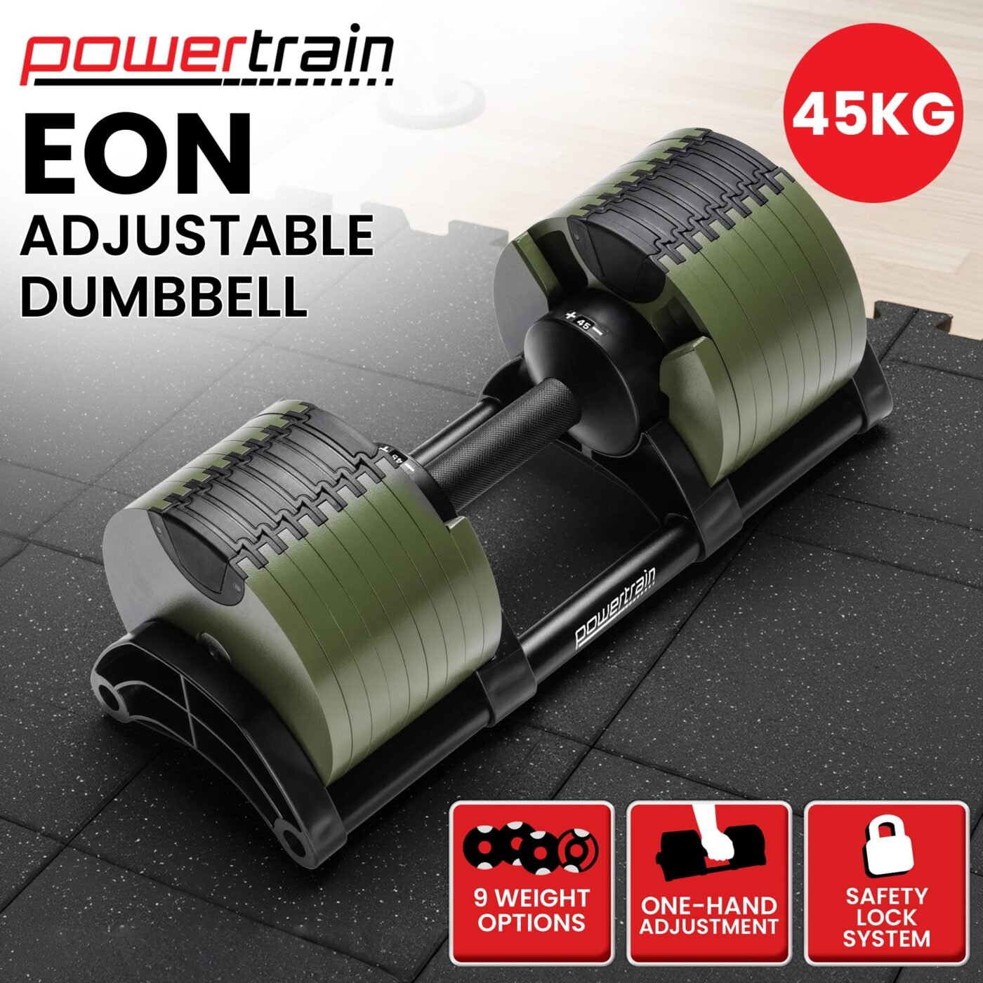 Powertrain Eon Dial-Up 45KG Adjustable Dumbbell - Green 2 Powertrain Eon Dial-Up 45KG Adjustable Dumbbell – Green - image 2