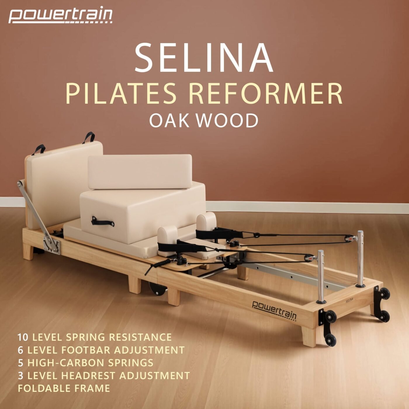 Powertrain Selina Pilates Reformer Machine Wooden Folding Multifunctional Home Gym Equipment with Jumpboard & Sitting Box Oak Beige 2 Powertrain Selina Pilates Reformer Machine Wooden Folding Multifunctional Home Gym Equipment with Jumpboard & Sitting Box Oak Beige - image 2