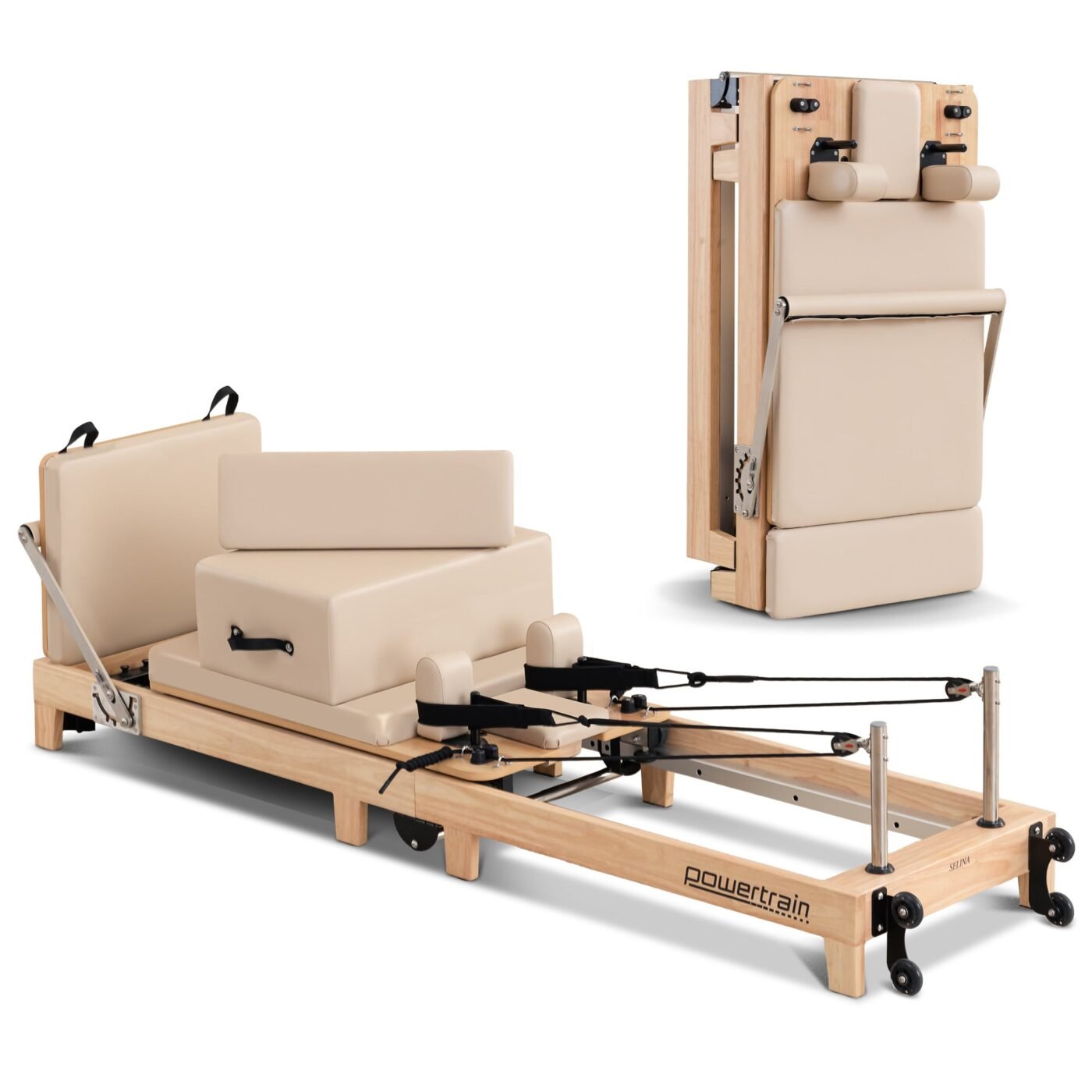 Powertrain Selina Pilates Reformer Machine Wooden Folding Multifunctional Home Gym Equipment with Jumpboard & Sitting Box Oak Beige 3 Powertrain Selina Pilates Reformer Machine Wooden Folding Multifunctional Home Gym Equipment with Jumpboard & Sitting Box Oak Beige - image 3