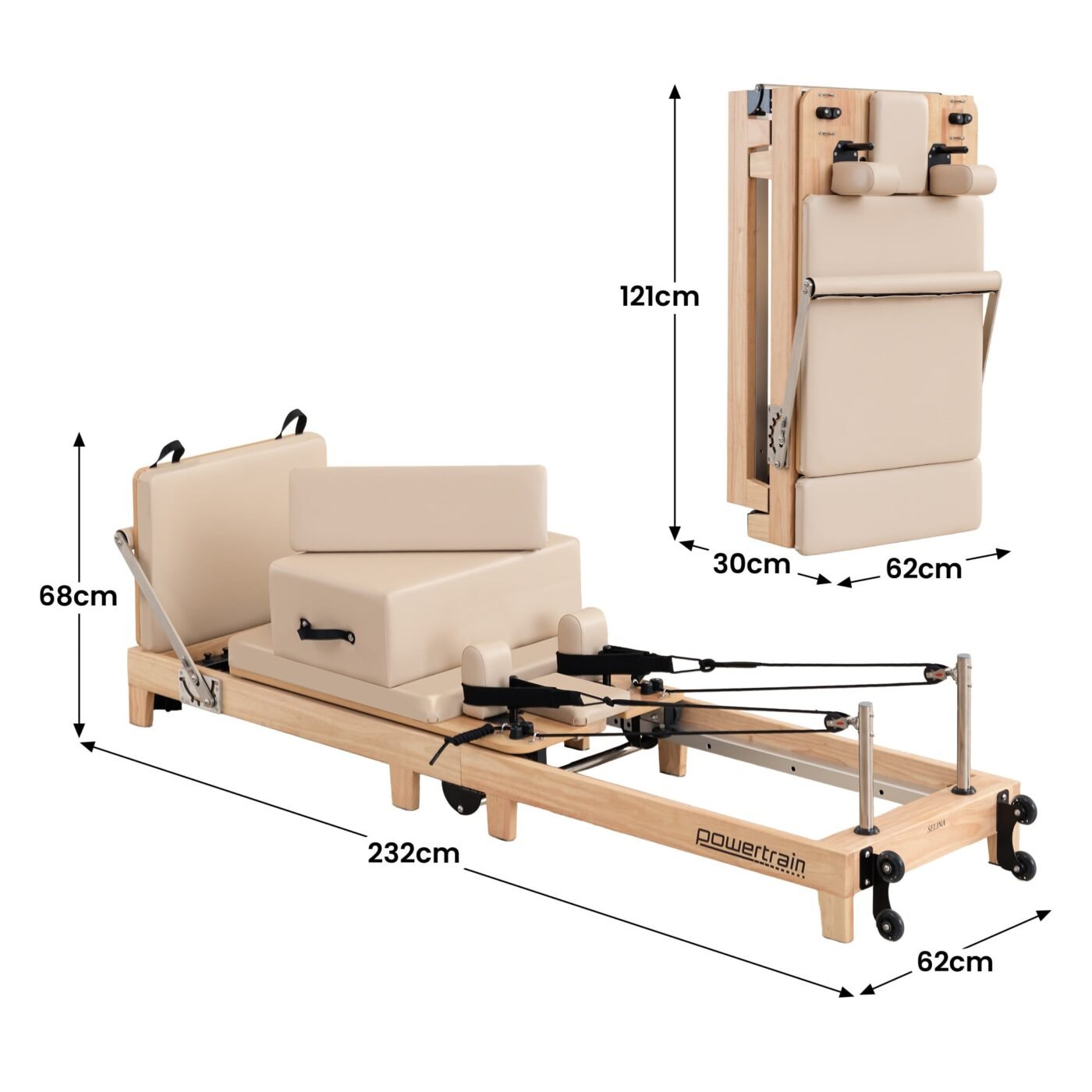Powertrain Selina Pilates Reformer Machine Wooden Folding Multifunctional Home Gym Equipment with Jumpboard & Sitting Box Oak Beige 4 Powertrain Selina Pilates Reformer Machine Wooden Folding Multifunctional Home Gym Equipment with Jumpboard & Sitting Box Oak Beige - image 4