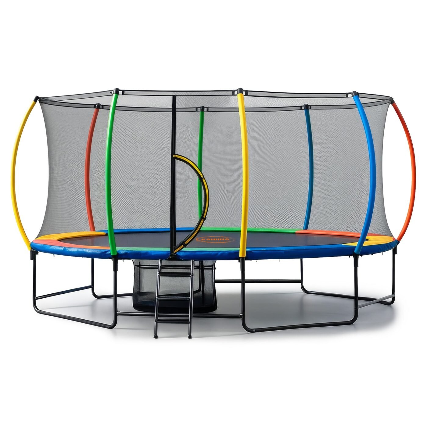 Kahuna 10 ft x 15 ft Oval Outdoor Trampoline with Reversible Rainbow & Orange Safety Pad Safety Net and Ladder 1 Kahuna 10 ft x 15 ft Oval Outdoor Trampoline with Reversible Rainbow & Orange Safety Pad Safety Net and Ladder