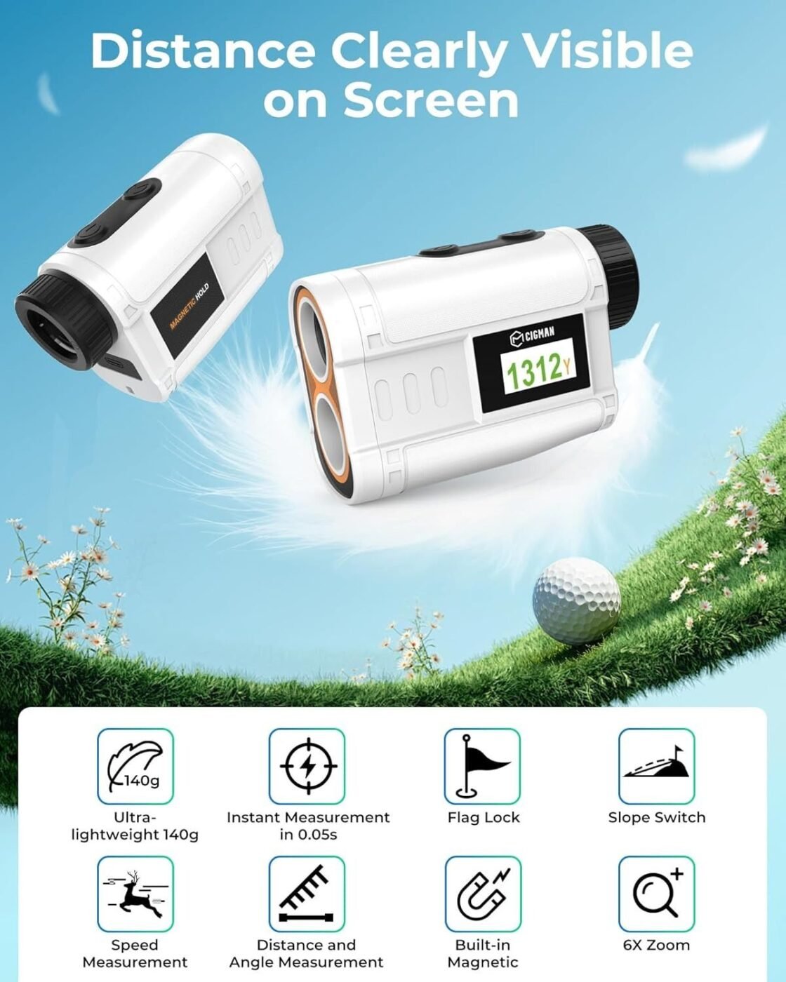 Golf Rangefinder with Slope, CIGMAN 1312 Yards Range Finder Golf, External Color Display, Flag Lock Vibration, 6X Magnification, Rechargeable Laser Range Finder with Magnetic 2 Golf Rangefinder with Slope, CIGMAN 1312 Yards Range Finder Golf, External Color Display, Flag Lock Vibration, 6X Magnification, Rechargeable Laser Range Finder with Magnetic - image 2