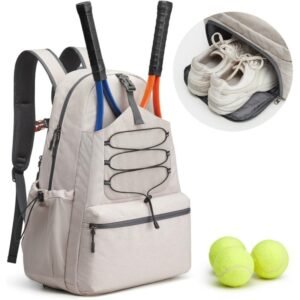 White Lightweight Water Resistant Tennis Backpack – Multi-Pocket Sports Bag for Rackets, Balls & Gear