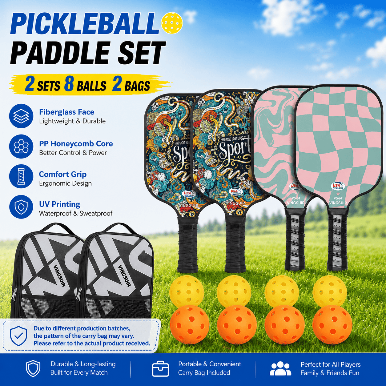 Pickleball Paddle Set with 4 Fiberglass Paddles, 8 Outdoor Balls and 2 Carry Bags - Honeycomb Core, Lightweight Design, Comfort Grip, Family and Beginner Friendly Game Set 1 Pickleball Paddle Set with 4 Fiberglass Paddles, 8 Outdoor Balls and 2 Carry Bags – Honeycomb Core, Lightweight Design, Comfort Grip, Family and Beginner Friendly Game Set