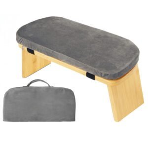 Grey Foldable Wooden Meditation Stool with Padded Cushion 45x21cm – Portable Yoga Kneeling Bench with Carry Bag for Mindfulness and Home Zen