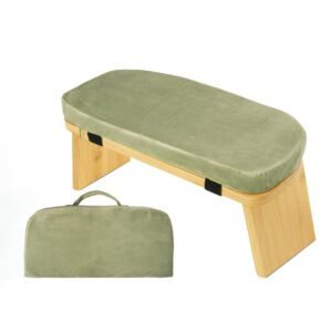 Green Foldable Wooden Meditation Stool with Padded Cushion 45x21cm – Portable Yoga Kneeling Bench with Carry Bag for Mindfulness and Home Zen