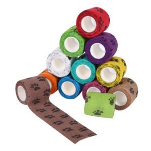 Pet Medical Therapy Self Adhesive Bandage Set(12 Volumes：5CM*4.5M) – Elastic Cute First Aid for Dogs and Cats & Humans, 12 Paw Colors