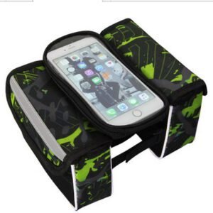 Green Bicycle Top Tube Frame Bag with Detachable Touch Screen Phone Holder Waterproof Double Pouch Cycling Saddle Bag for Mountain Bikes